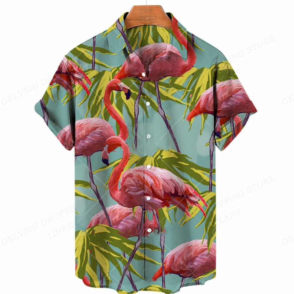 Hawaiiaans overhemd met 3D-flamingo voor heren | Trendy