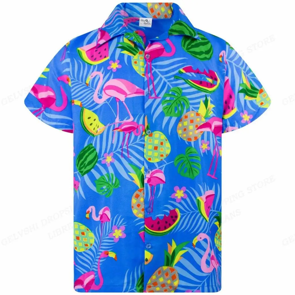 Hawaiiaans overhemd met 3D-flamingo voor heren | Trendy