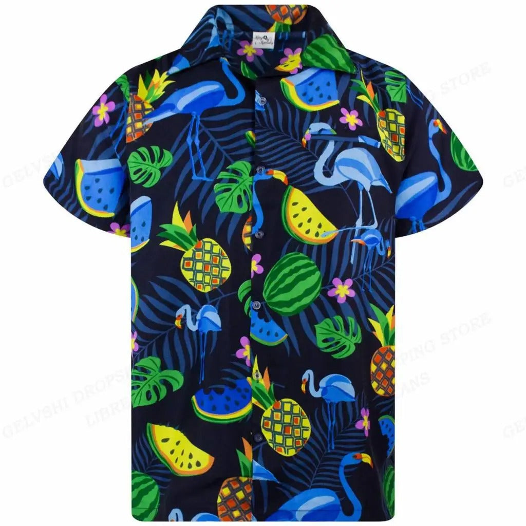 Hawaiiaans overhemd met 3D-flamingo voor heren | Trendy