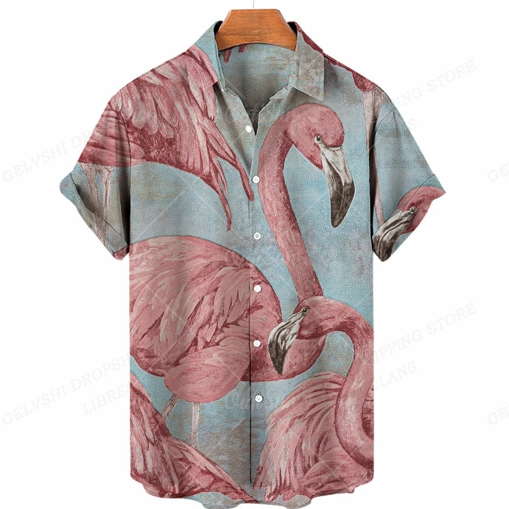 Hawaiiaans overhemd met 3D-flamingo voor heren | Trendy